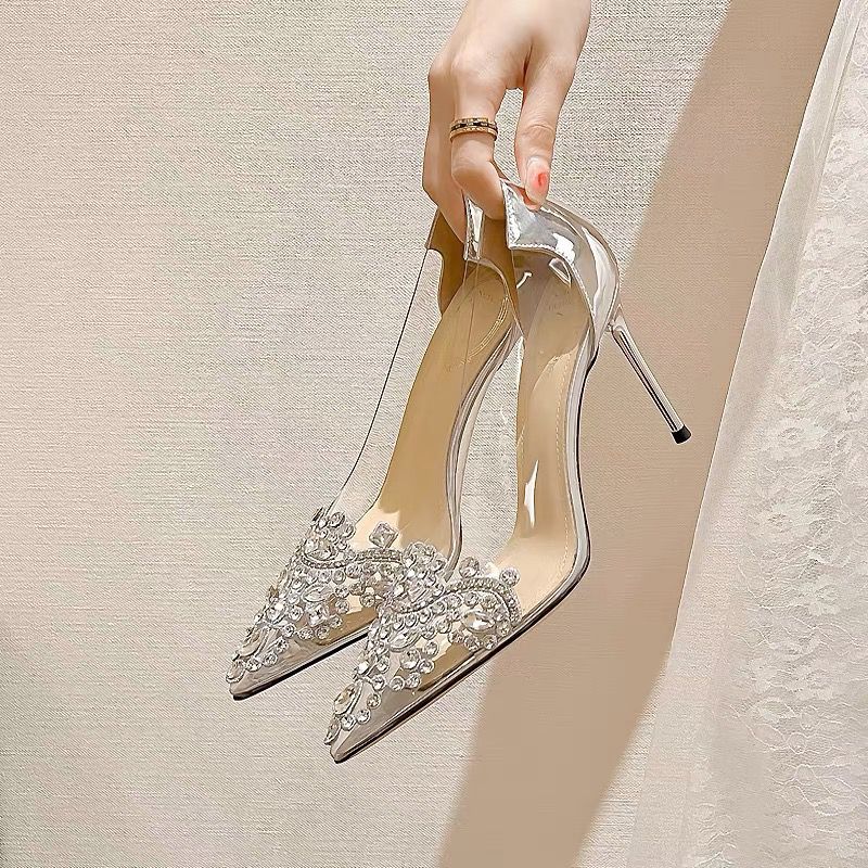 Pointed toe stiletto women's high heels women's shoes fashion women's shoes wedding shoes high heel 8cm transparent bow gemstone