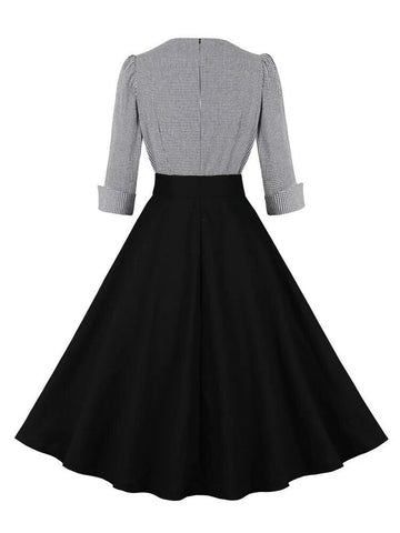 Plaid and Black Elegant Ladies Rockabilly Cotton Dresses Notched Collar 3/4 Sleeve Autumn Winter Women Vintage Dress