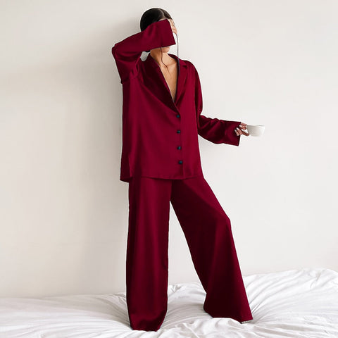 Oversized Satin Silk Sleepwear Low Cut Sexy Pajamas For Women Single-Breasted Long Sleeves Wide Leg Pants Trouser Suits