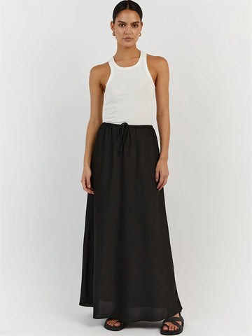 High Waist Lace-Up Long Skirt Women Casual Solid Patchwork Satin Elegant Maxi Skirt Fashion Patchwork Women's Long Skirt