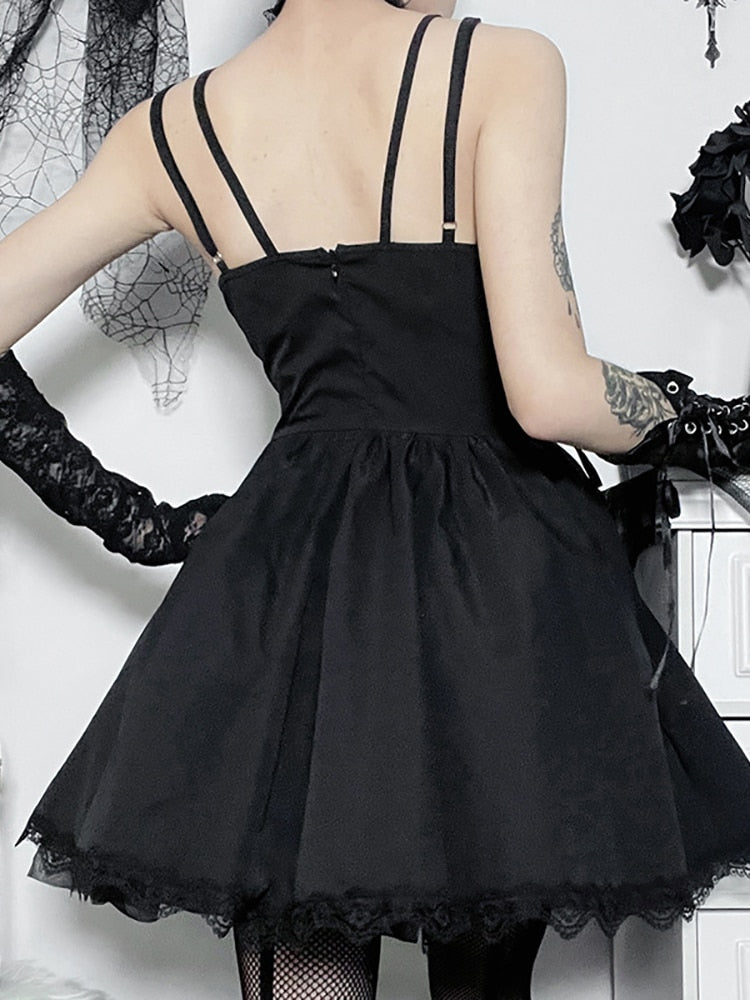 Goth Dark Lolita Gothic Aesthetic Bandage Corset Dresses Grunge Style Black Embroidery Emo Dress Women A-line Party Alt Clothes