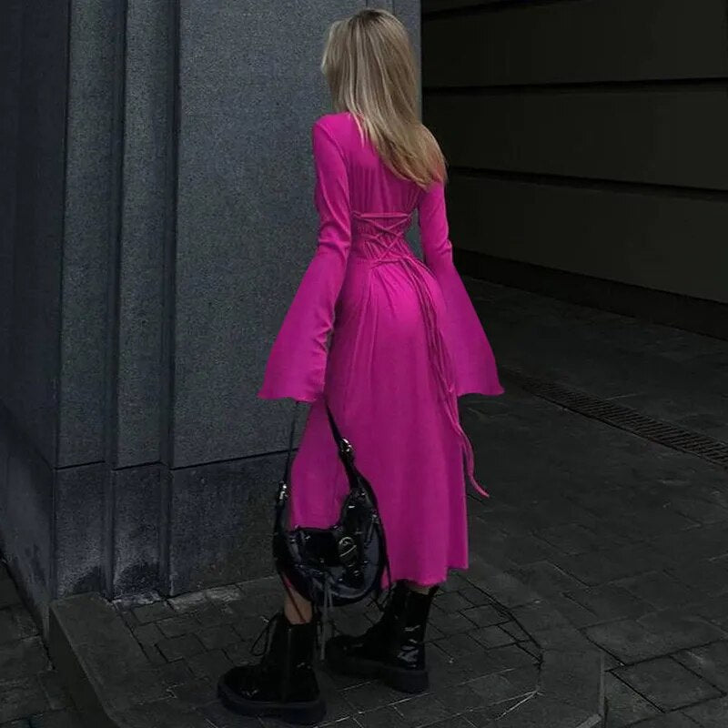 Solid Ribbed Trumpet Sleeves Maxi Dress Back Lace-Up Straps Elegant Casual 2023 Autumn Winter For Women Birthday