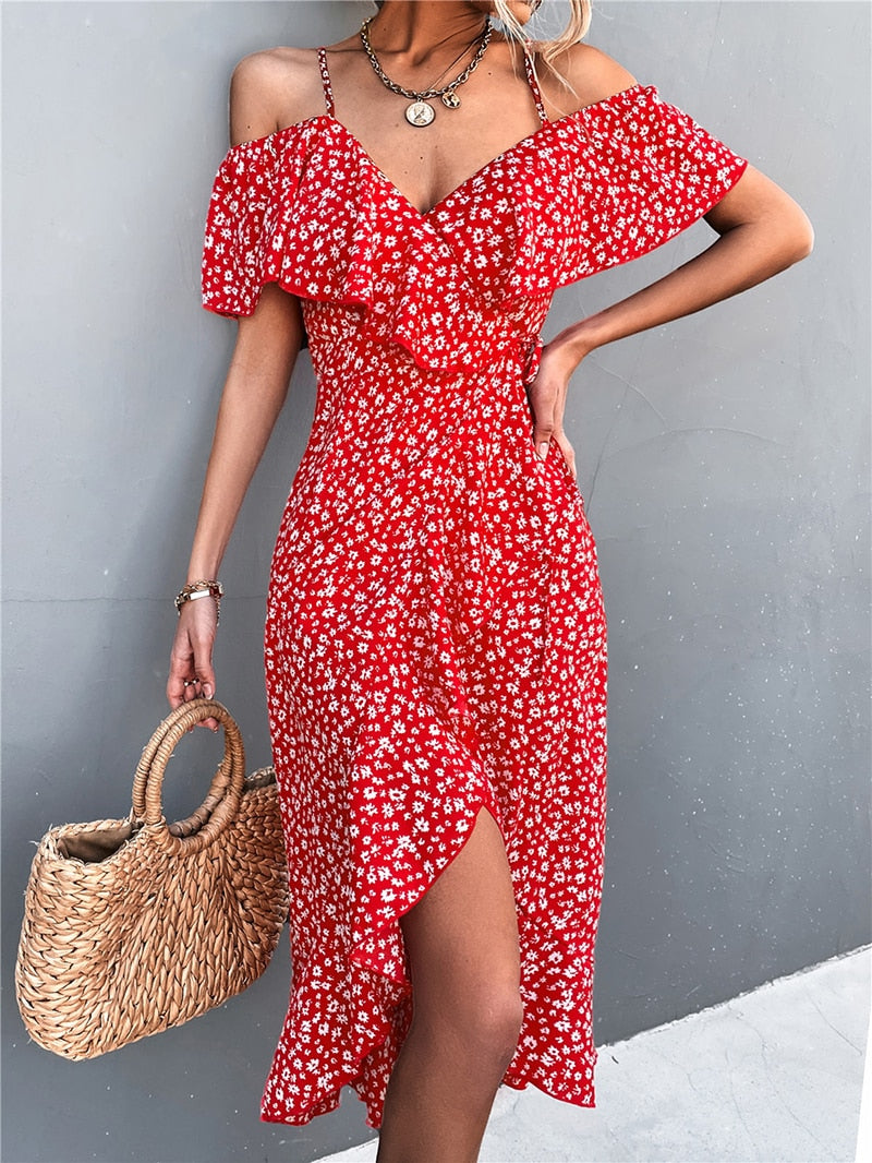 Ladies Spring Summer Sexy Straps Dress Women Green Off Shoulder Ruffles Casual Beach Dresses Female Floral Print Dress