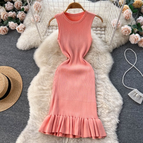 Chic Sexy Sleeveless Bodycone Mermaid Dress Elastic Knit Elegant Vestidos Vintage Summer Women Beach Vacation Fishtail Dresses