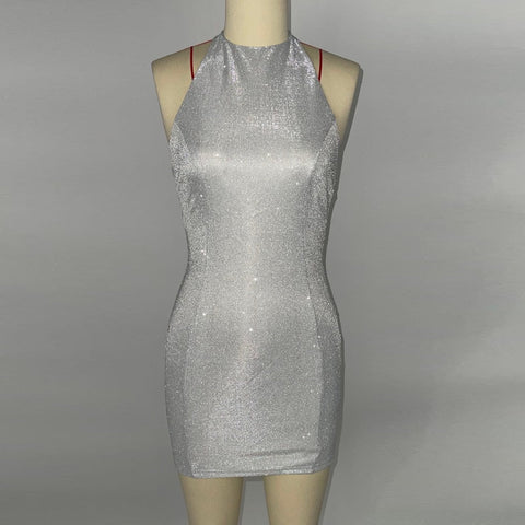 Silver Shiny Halter Party Dress Women Sexy Sleeveless Slim Bodycon Mini Dress Ladies Evening Night Club Vestidos Outfits