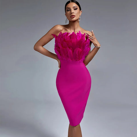 Red Bandage Dress Women Feather Party Dress Bodycon Elegant Midi Sexy Strapless Evening Birthday Club Outfits Summer