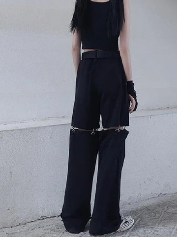 Gothic Black Cargo Pants Women Streetwear Hollow Out Punk Wide Leg Oversize Pockets Trousers For Female Hip Hop