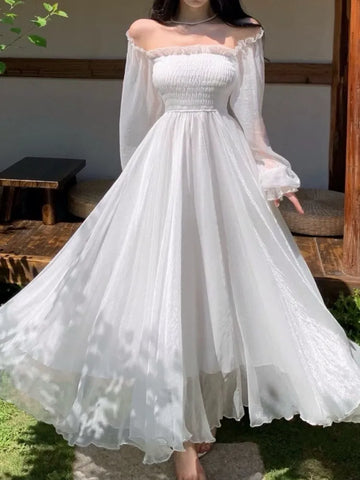 Elegant Maxi Dresses For Women White Off Shoulder Puff Long Sleeve Elastic High Waist Party Gown Ruffle Holiday Dress