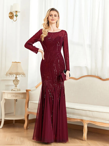 Lucyinlove Elegant Long Sleeves Sequin Tulle Evening Dresses Women Luxury Mermaid Formal Bridesmaid Party Maxi Prom Dress