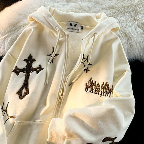 Harajuku Letter Embroidery Hoodies Women Long Sleeve Zip Up Oversize Gothic Hooded Sweatshirts Y2K Retro Angel Ears Jacket Coats