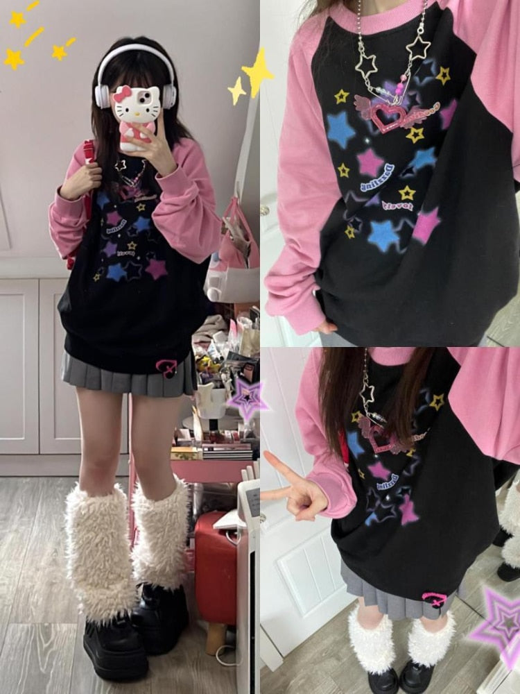 Y2K Aesthetic Star Print Hoodies Women Harajuku Kpop Casual Oversized Sweatshirts Streetwear Loose Pullover Tops E-girl