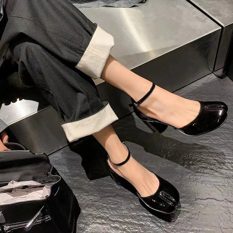 C148 New Spring Summer 8cm High Heel Tabi Shoes Elegant Patent Leather Women Split Footwear Strap Buckle Lady Moccasins Shoes