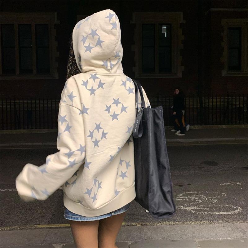 Vintage Star Pattern Hoodie Women Men Fairy Grunge Long Sleeve Zipper Jacket Harajuku Oversize Sweatshirt Streetwear Y2K Clothes