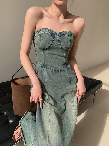 Vintage Elegant Party Midi Dress Women Korean Style Denim Strapless Dress A-line Temperament Sexy Streetwear Designer Dress