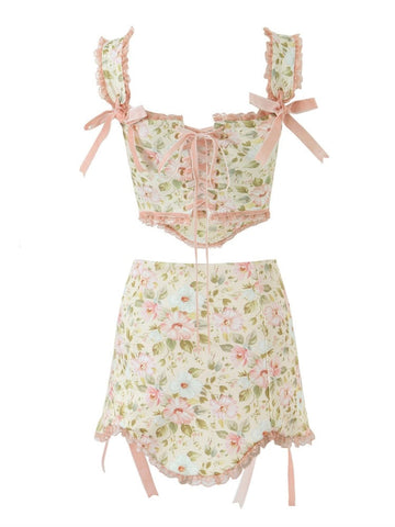 Sexy Floral Print Bow Cross Lacing up Back Corset Wood ears Crop Top + High Waist Ribbon Asymmetric Mini Skirt 2 pieces 1 set