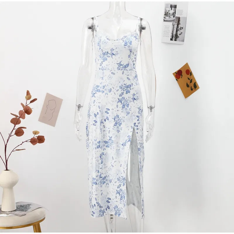 Sexy Floral Printed Blue Dress Women High Split Sleeveless Lace Female Dresses Summer Fashion Elegant Slim Lady Robe