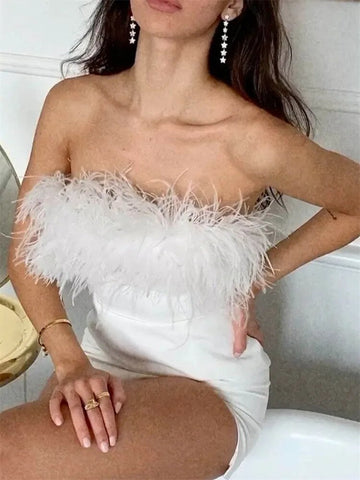 Feather Fur Hem Patchwork Mini Dress Elegant Party Strapless Off Shoulder Dress Summer Women Sleeveless Vestidos