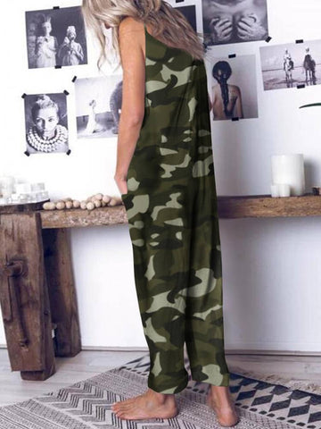 Women Camouflage Printed Jumpsuits Celmia Summer Spaghetti Strap Casual Loose Drop-Crotch Long Rompers Harem Pants Overalls