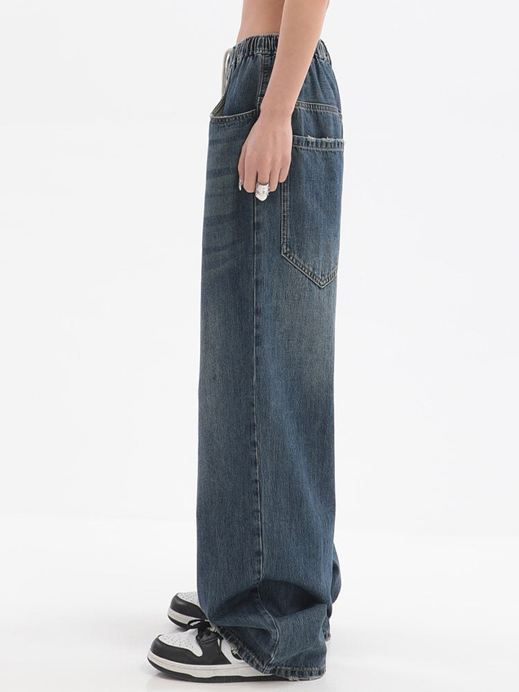 Women American Vintage Baggy Jeans Elastic Waist Oversized Long Trouser Denim Pant Wide Leg Streetwear Straight Basic Daily