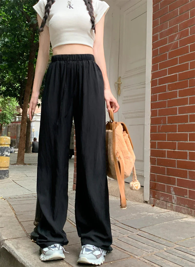 Summer New Vertical Loose Casual Wide Leg Pants High Waist Draw Rope Straight Pants Women