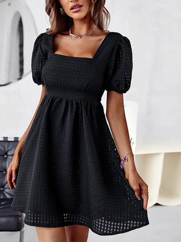 Elegant Solid Puff Short Sleeve Mini Beach Dress Summer Square Collar Hem Party Dress New Women Chic Office Commute A-line Dress