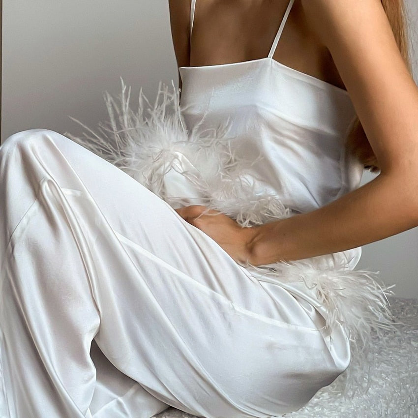 Chic Satin Pajamas With Feathers Sleepwear Women Sets With Pants Black Spaghetti Strap Home Suit White Trouser Suits