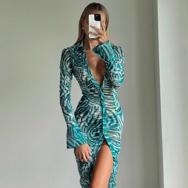 Women Elegant Long Sleeve Printed Bodycon Streetwear Green Midi Dress Autumn Clothes Wholesale Items For Business