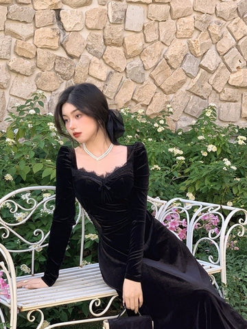 Gothic Vintage Balck Long Sleeve Dress Woman Elegant Fashion Velvet Midi Dress Korean Style Even Party Dress Casual Spring