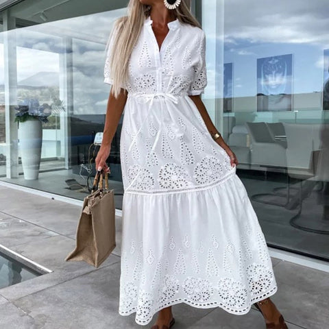 Elegant Lace Embroidery Stitch Pleated Dresses Womem Fashion Stand Collar Button-up Linen Party Dress Chic Hollow Formal Dress