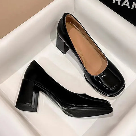 Patent Leather Women Pumps Shoes 2023 Elegan Office Black High Heels Shoes Woman Shallow Mouth Square Toe Pumps Female