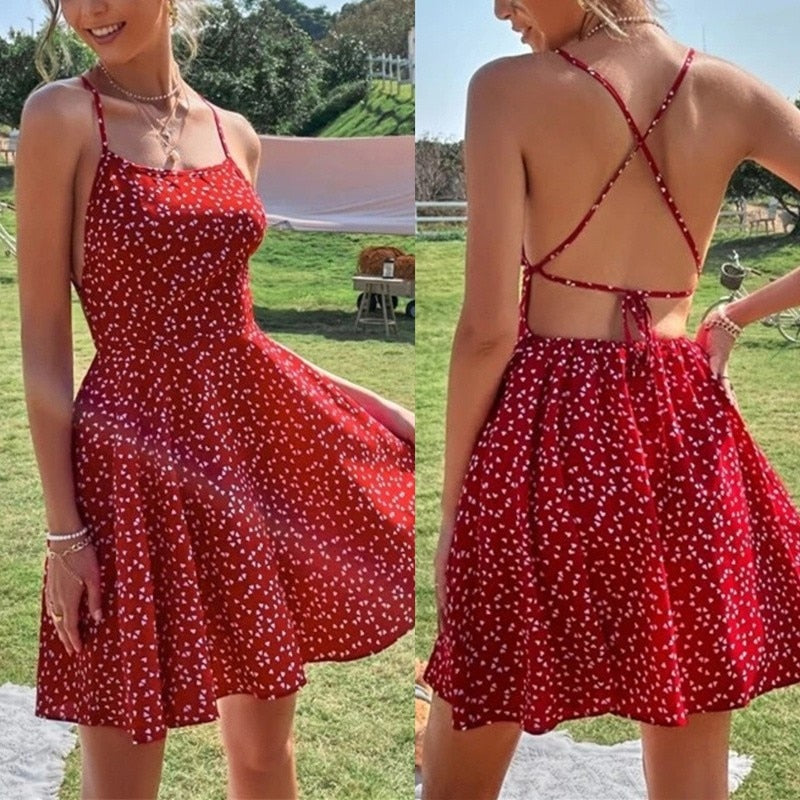 Dot Print Summer Mini Dress Women Back Lacing Straps Backless Cami Dress Print Boho Beach Dress High Waist Suspender Sexy Dress