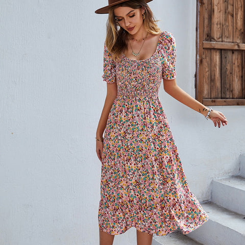 Print Dress Women Summer Holiday Midi Dress Casual Puff Sleeve High Waist Boho Split Dresses For Women Clothes