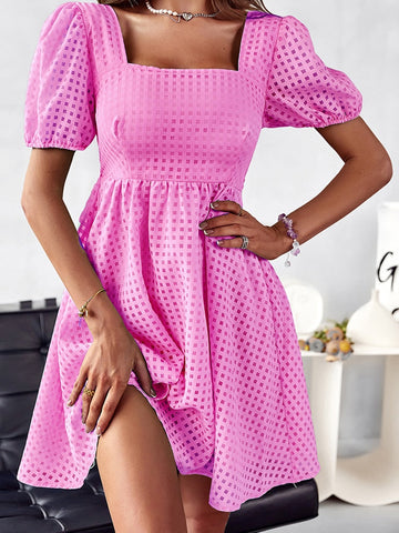 Elegant Solid Puff Short Sleeve Mini Beach Dress Summer Square Collar Hem Party Dress New Women Chic Office Commute A-line Dress