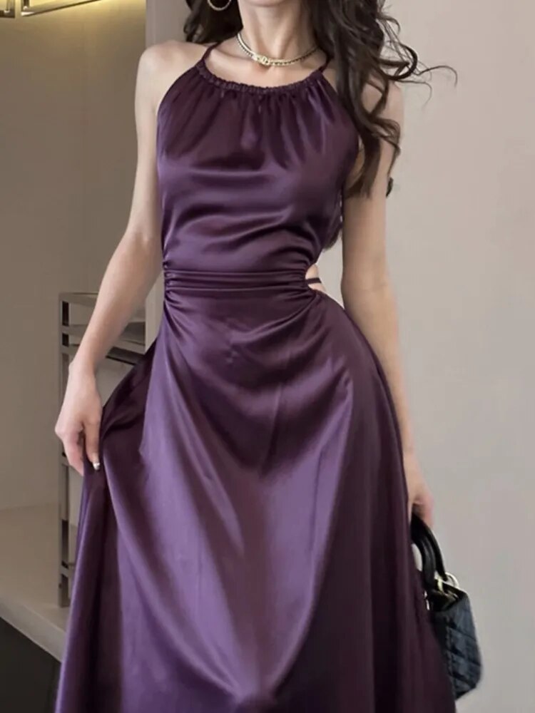 Vintage Satin Midi Dresses for Women New Summer French Fold Hollow Out Elegant Prom Fashion Slim Casual Female Clothes Robe