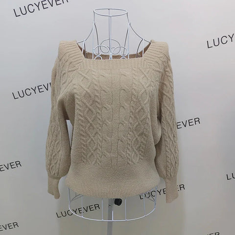 Casual Knitted Sweater Women Pullover  Autumn Winter Soft Thick Warm Wool Jumper Female All-Match Square Collar Sweaters