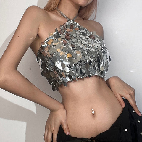 Crop Tops Woman Silver Sequin Matte Trendy Design Sexy Hot Avant-Garde High Street Personality Women's Lace-Up Vest Women