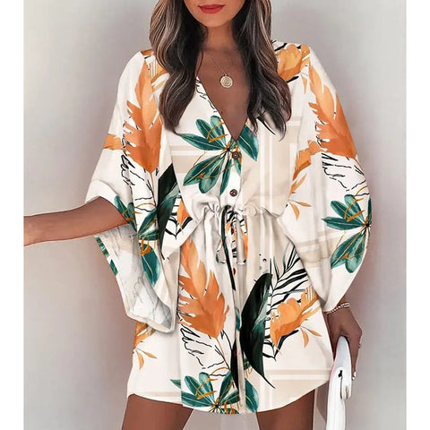 Summer Boho Mini Dress Women Flora Print Batwing Sleeve Lace-Up V Neck Loose Button Dresses Ladies Beach Party Dress Vestido