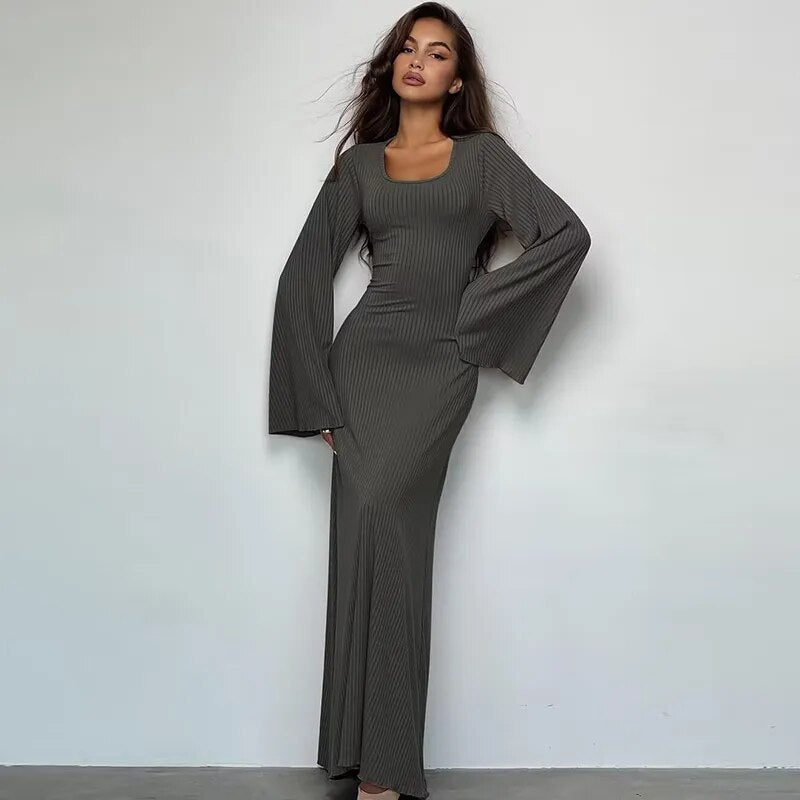 Solid Ribbed Trumpet Sleeves Maxi Dress Back Lace-Up Straps Elegant Casual 2023 Autumn Winter For Women Birthday