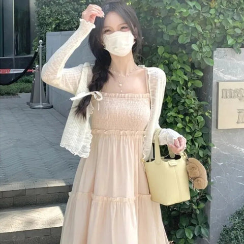 Korean Fashion Summer Strap Dresses For Women Y2k Chic Sleeveless Lace-Up Loose Pink Casual Midi Dress Elegant Sukienka