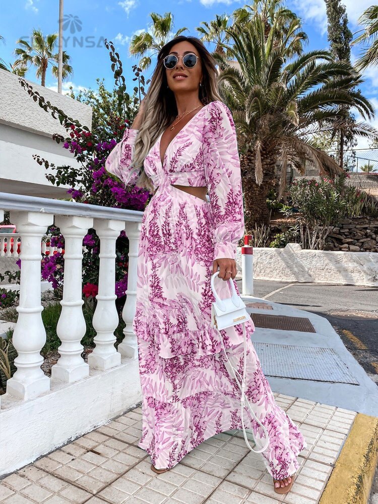 Sexy V-Neck Backless Hollow Out Dress Autumn Women Lantern Sleeve Club Party Long Maxi Dresses Tunic Beach Cover Up Pbong mid size graduation outfit romantic style teen swag clean girl id