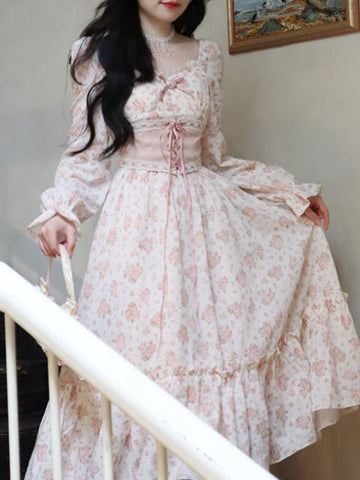 Spring Pink Floral Elegant Dress Women Bandage Lace Print Sweet Vintage Dress Puff Sleeve Kawaii Dress Women Princess Fairy