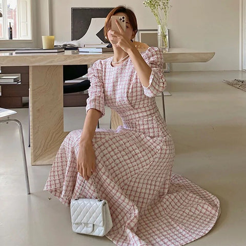 Korean Chic French Style New Spring Summer Tweed Dress For Women Celebrity Pink Plaid Woolen Dresses Vestidos