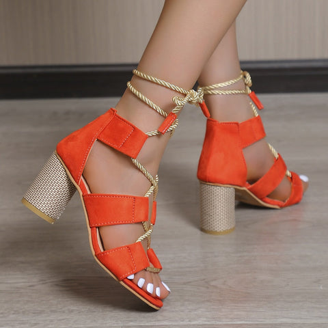 Women's Mix Color Round Heels Sandals Summer Lace Up Chunky High Heeled Gladiator Sandals Woman Roman Style
