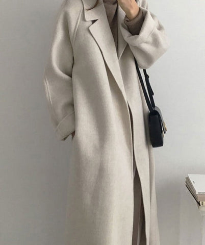 French Lazy Style Warm Female Fresh Winter Classical Belt Retro Loose Women Woolen Coats Chic Casual Long Coat Long