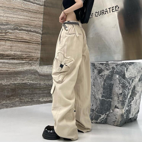 Y2K Khaki Cargo Parachute Pants Women Harajuku Korean Fashion Oversized Gray Wide Leg Trousers Female 90s Retro Tactical