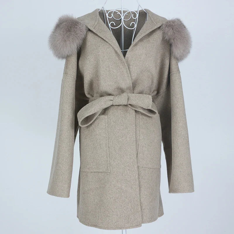 New Oversize Loose Cashmere Wool Blends Real Fur Coat Winter Jacket Women Natural Fox Fur Collar Hood Outerwear Belt