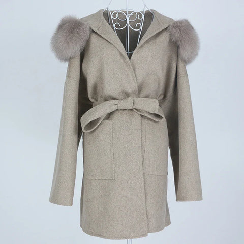 New Oversize Loose Cashmere Wool Blends Real Fur Coat Winter Jacket Women Natural Fox Fur Collar Hood Outerwear Belt