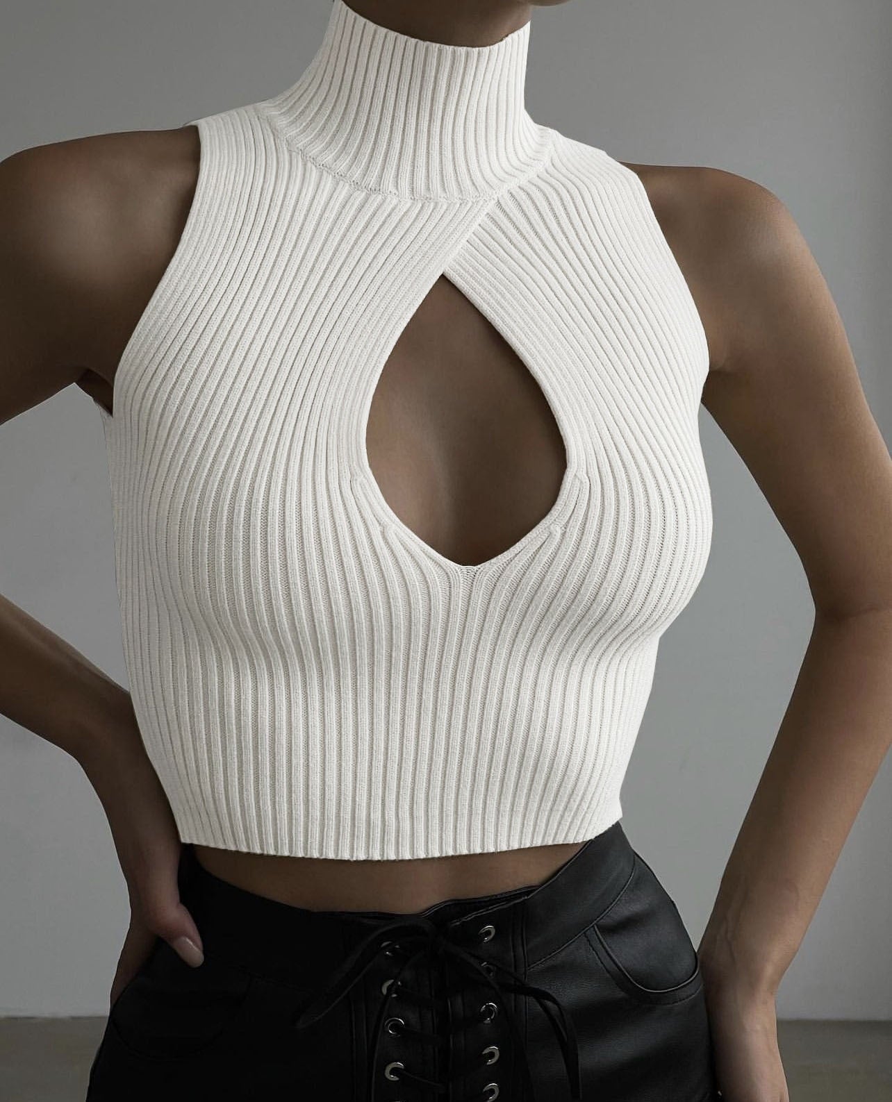 Sexy Cut Out Cropped Tops for Women Knitted Turtleneck Short Tank Tops  Sleeveless Slim Sweater Ladies Casual Vest