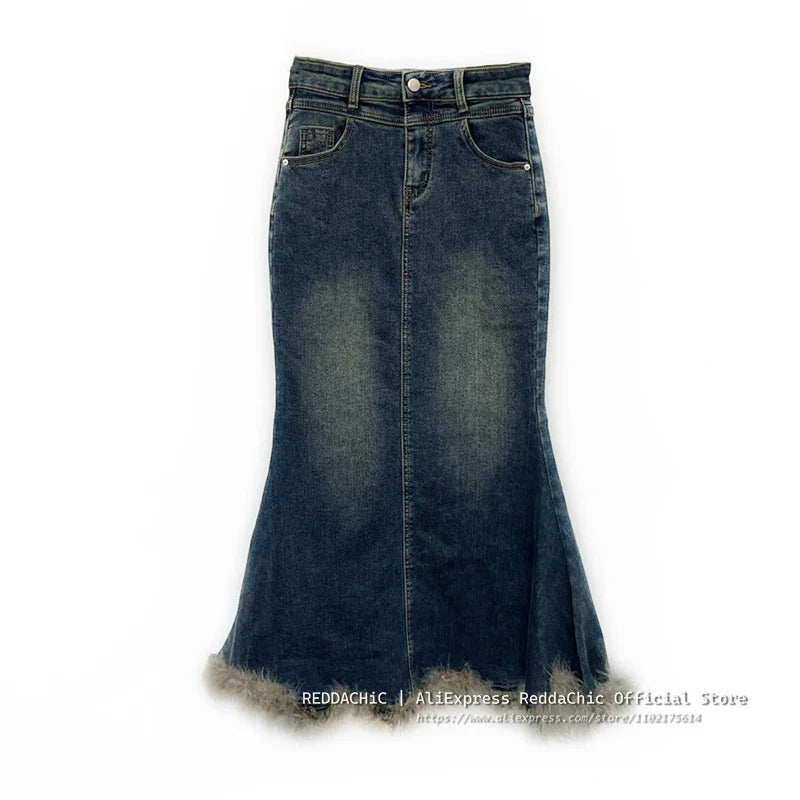 Winter Fur Trim Fishtail Long Jeans Skirt Women Feather Stitch Blue High Waist Denim Maxi Skirt 90s Retro Y2k Bottoms