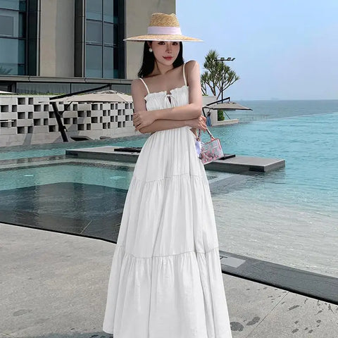 Women Sleeveless Slip Long Dress New Summer Elegant Boho Holiday Beach Dress Solid V-neck Pleated Bandage Dresses Backless